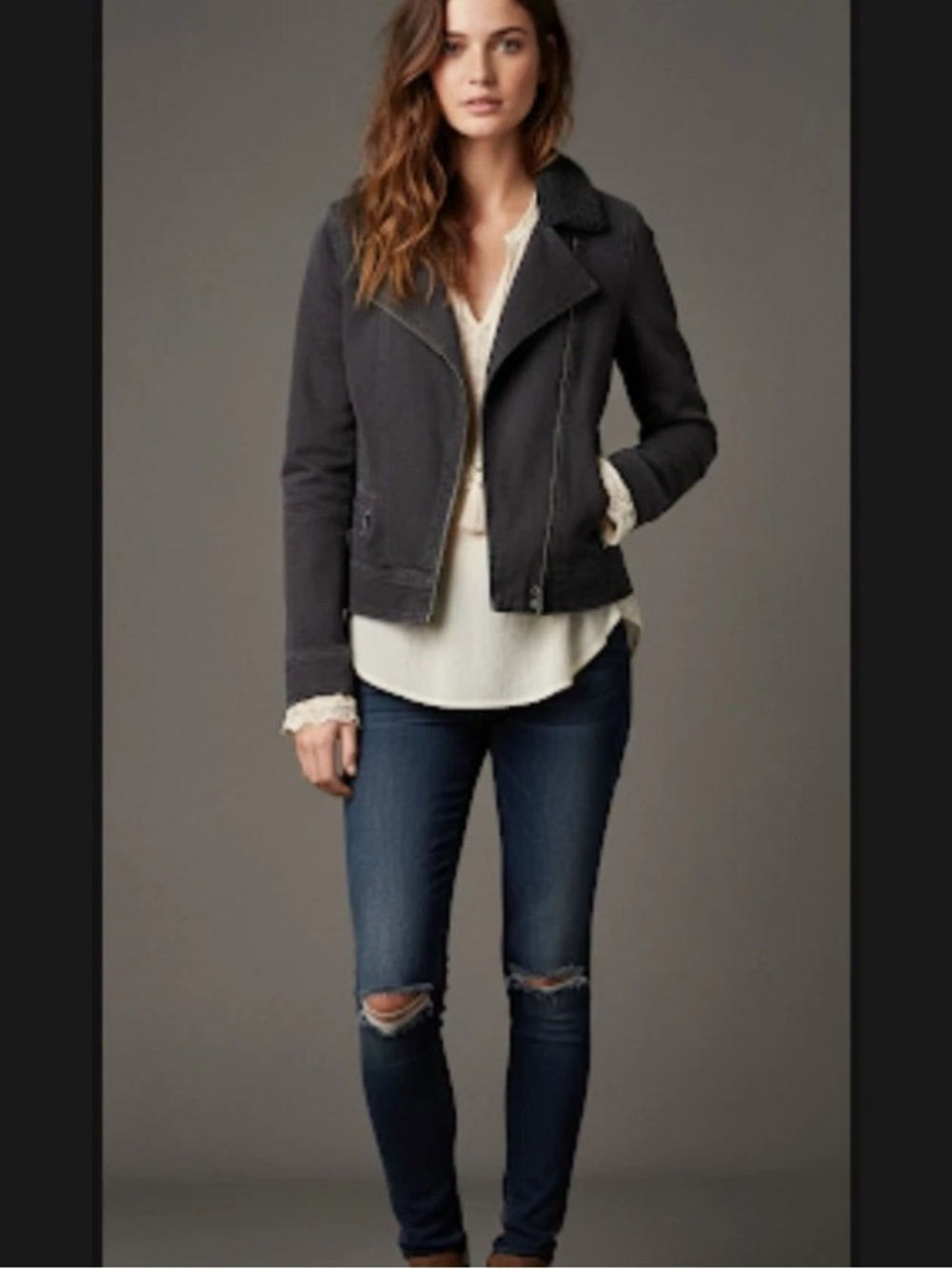 Articles Of Society Moto Jacket Black Denim Faux Fur Collar Zippered Pockets M